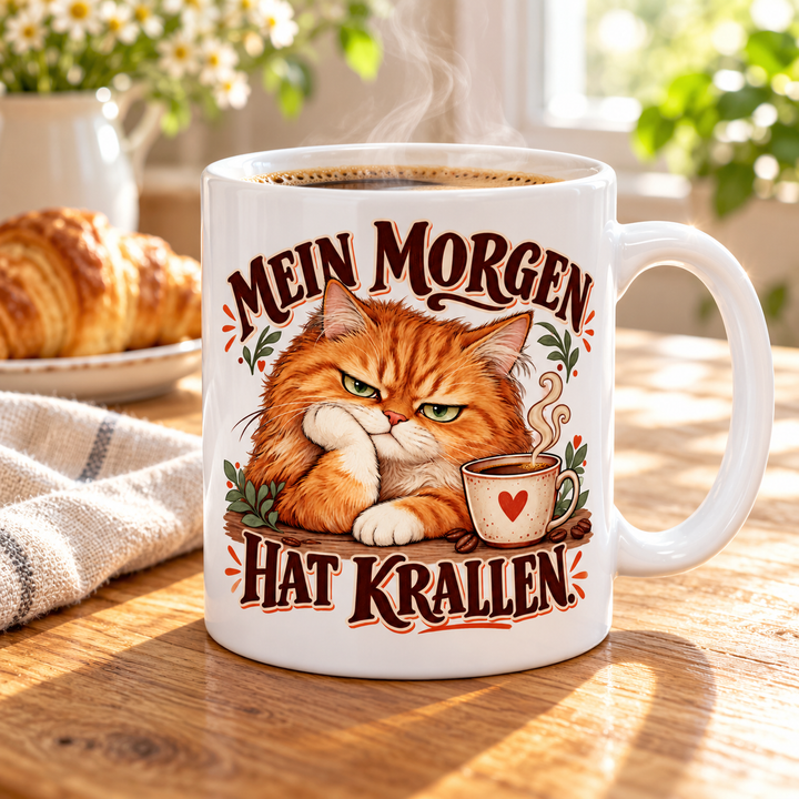Weiße Katzentasse beim Frühstück