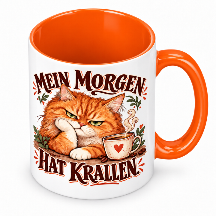 Katzentasse „Mein Morgen hat Krallen.“ – Orange, Ansicht von oben