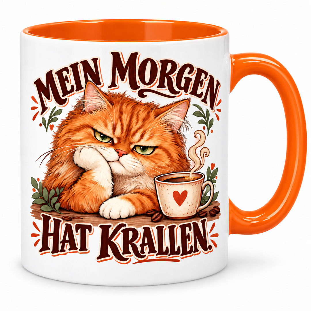 Katzentasse „Mein Morgen hat Krallen.“ – Orange, Vorderansicht