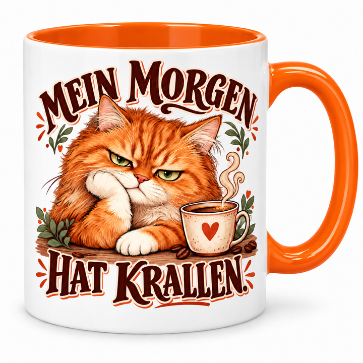 Katzentasse „Mein Morgen hat Krallen.“ – Orange, Vorderansicht