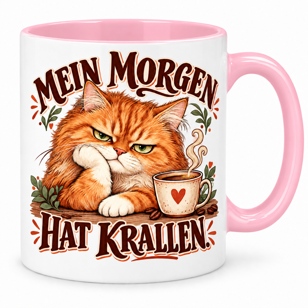 Katzentasse „Mein Morgen hat Krallen.“ – Rosa, Vorderansicht