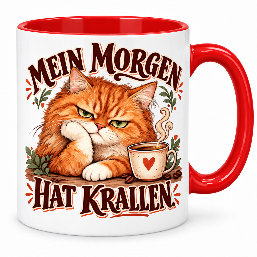 Katzentasse „Mein Morgen hat Krallen.“ – Rot, Vorderansicht