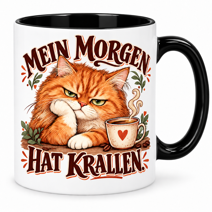 Katzentasse „Mein Morgen hat Krallen.“ – Schwarz, Vorderansicht