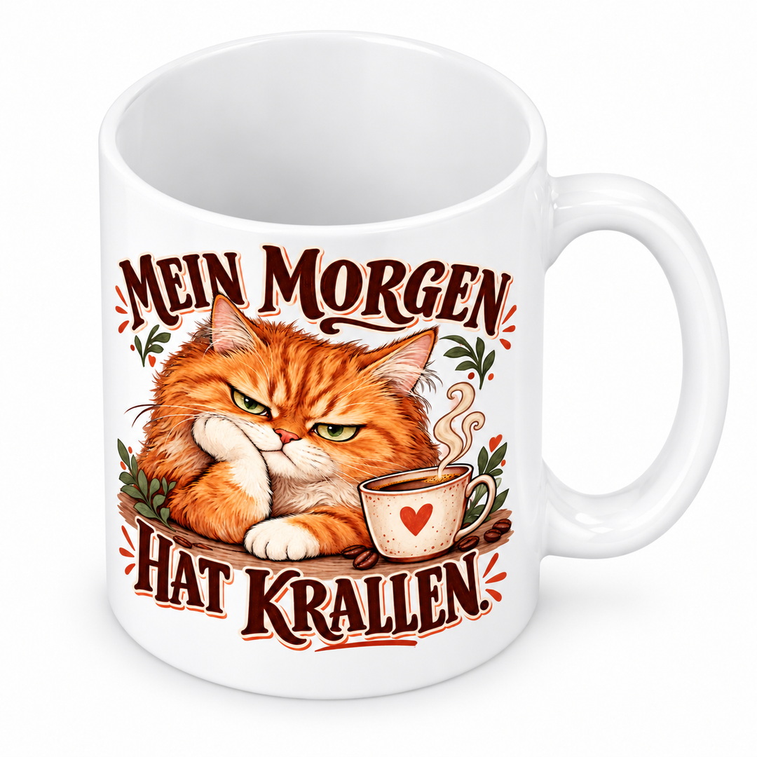 Katzentasse „Mein Morgen hat Krallen.“ – Weiß, Ansicht von oben