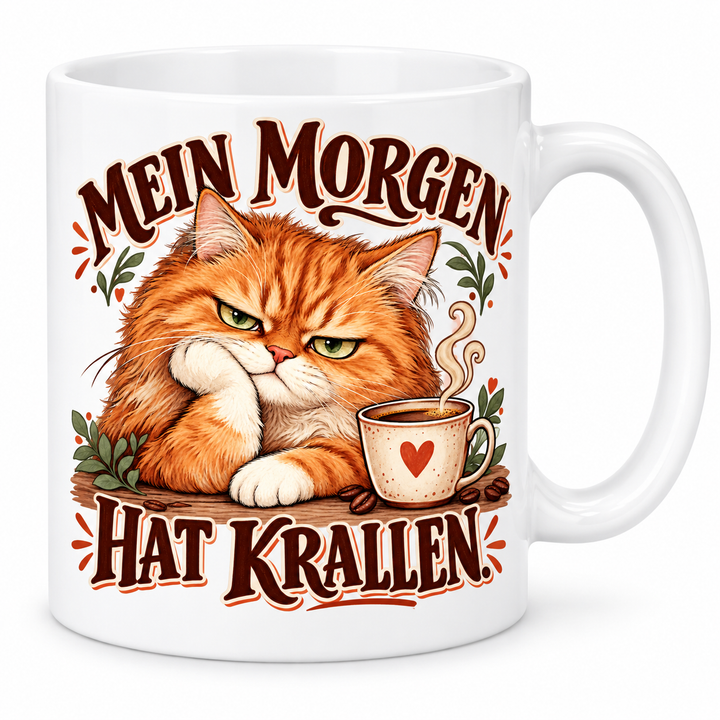 Katzentasse „Mein Morgen hat Krallen.“ – Weiß, Vorderansicht