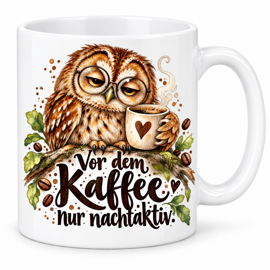 Eulentasse „Vor dem Kaffee nur nachtaktiv.“ – 7 Farben – Vorschau in Weiß