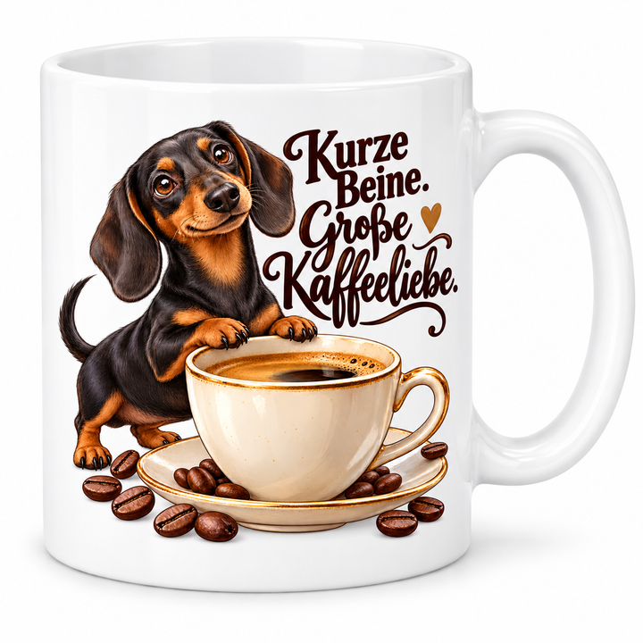 Dackeltasse „Kurze Beine. Große Kaffeeliebe.“ – 7 Farben – Vorschau in Weiß