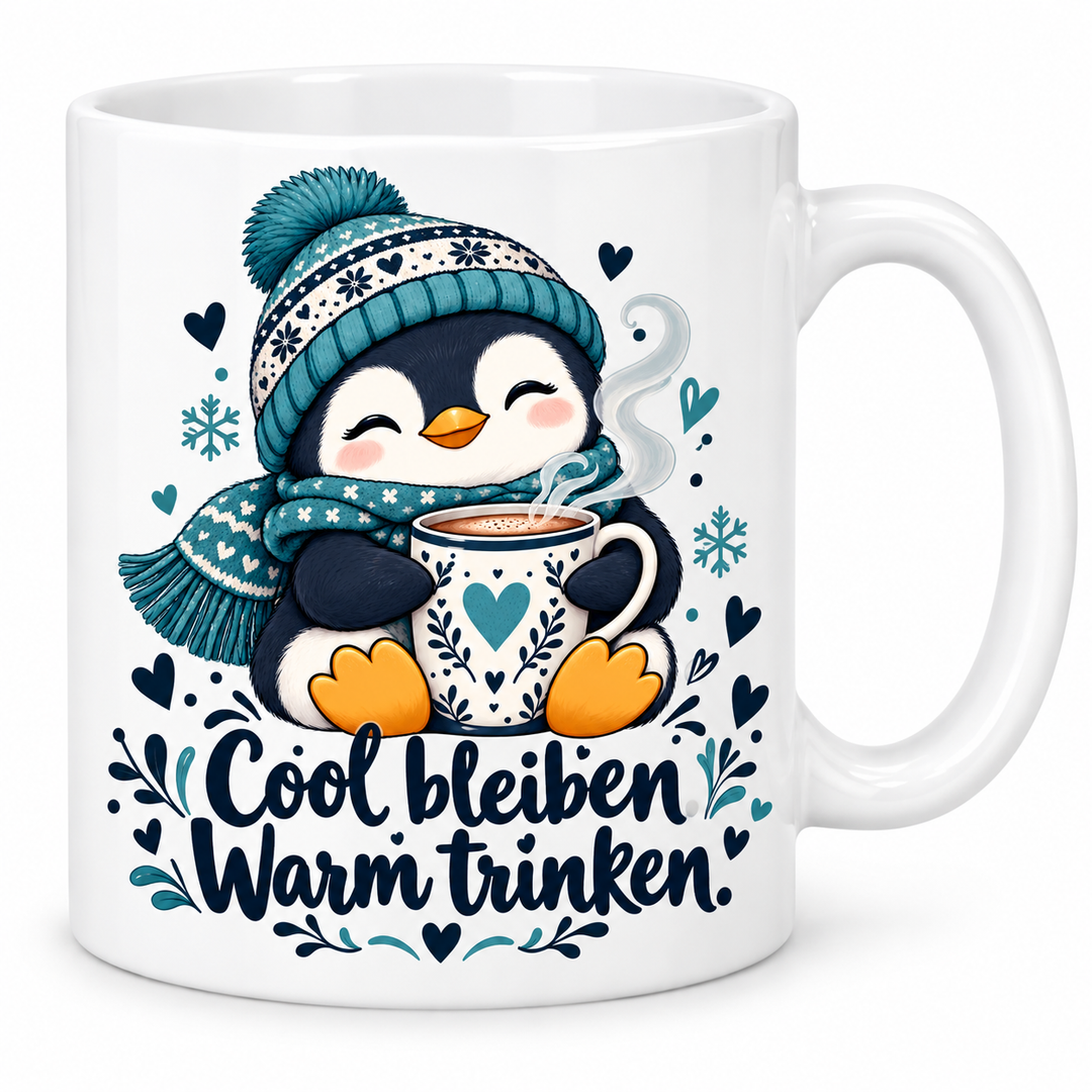 Pinguin-Tasse „Cool bleiben. Warm trinken.“ – 7 Farben – Vorschau in Weiß