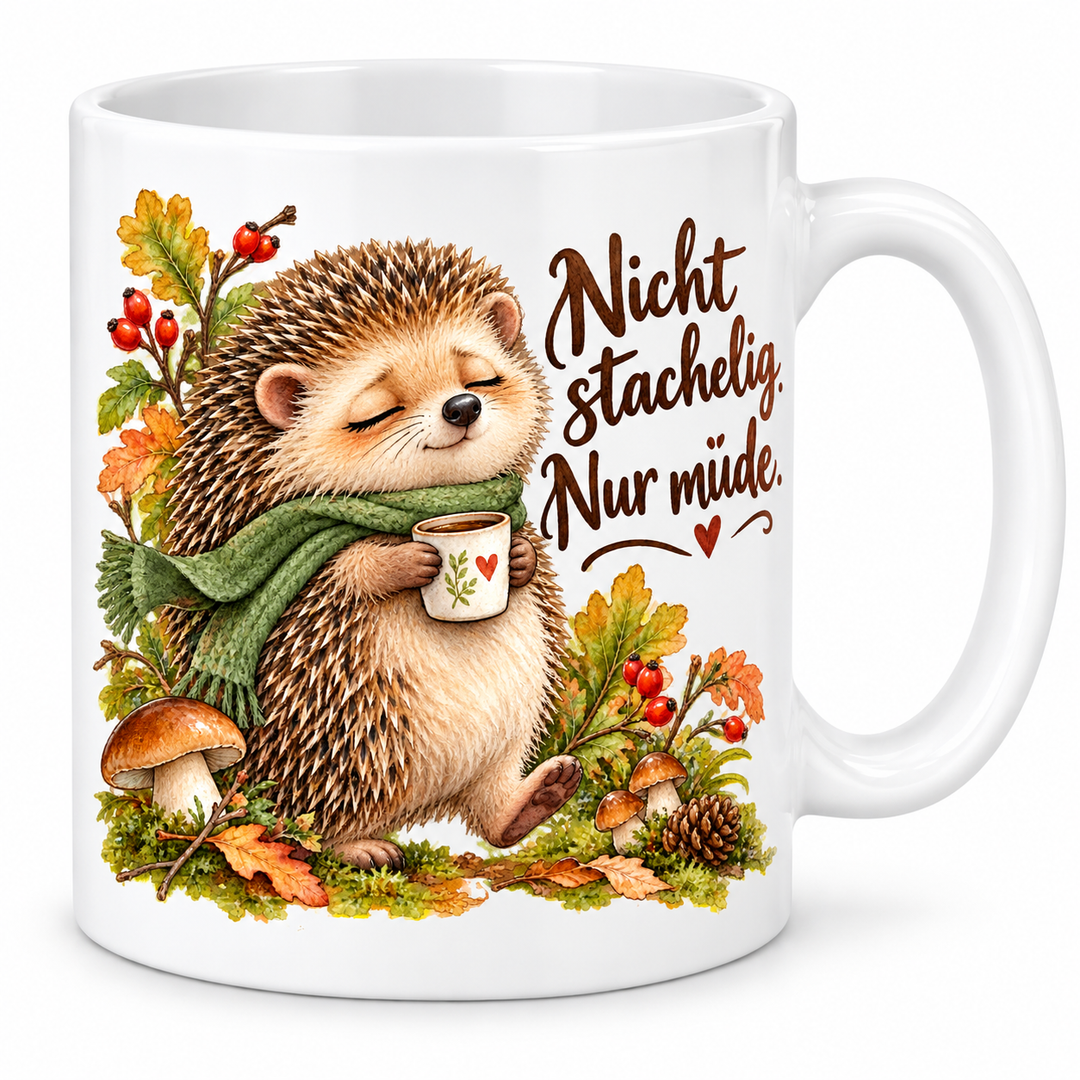 Igeltasse „Nicht stachelig. Nur müde.“ – 7 Farben – Vorschau in Weiß