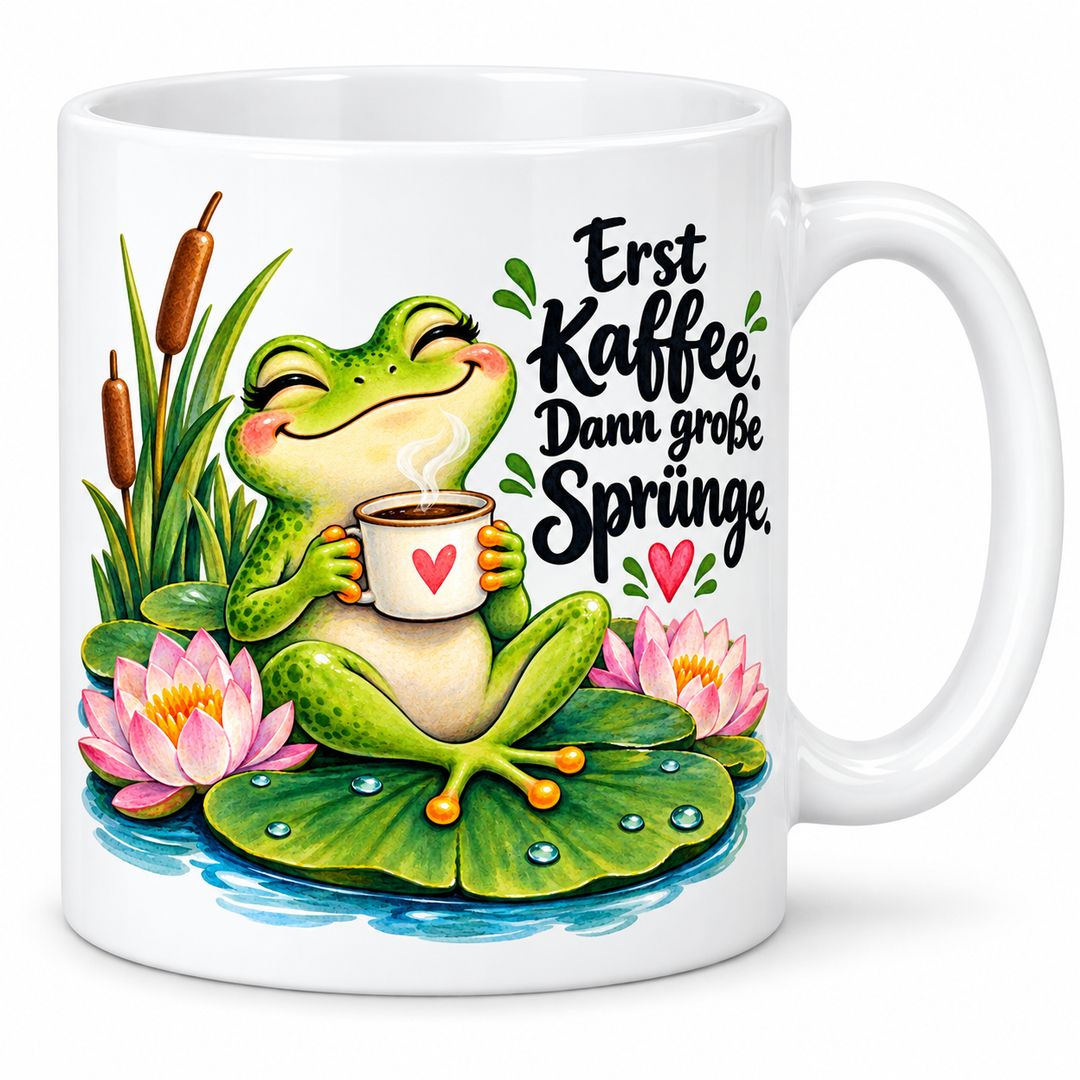 Froschtasse „Erst Kaffee. Dann große Sprünge.“ – 7 Farben – Vorschau in Weiß