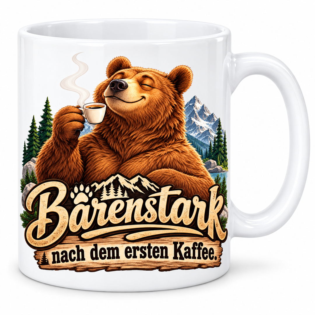 Bärentasse „Bärenstark nach dem ersten Kaffee.“ – 7 Farben – Vorschau in Weiß