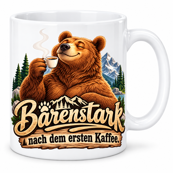 Bärentasse „Bärenstark nach dem ersten Kaffee.“ – 7 Farben – Vorschau in Weiß