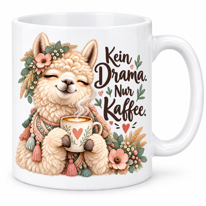 Alpaka-Tasse „Kein Drama. Nur Kaffee.“ – 7 Farben – Vorschau in Weiß