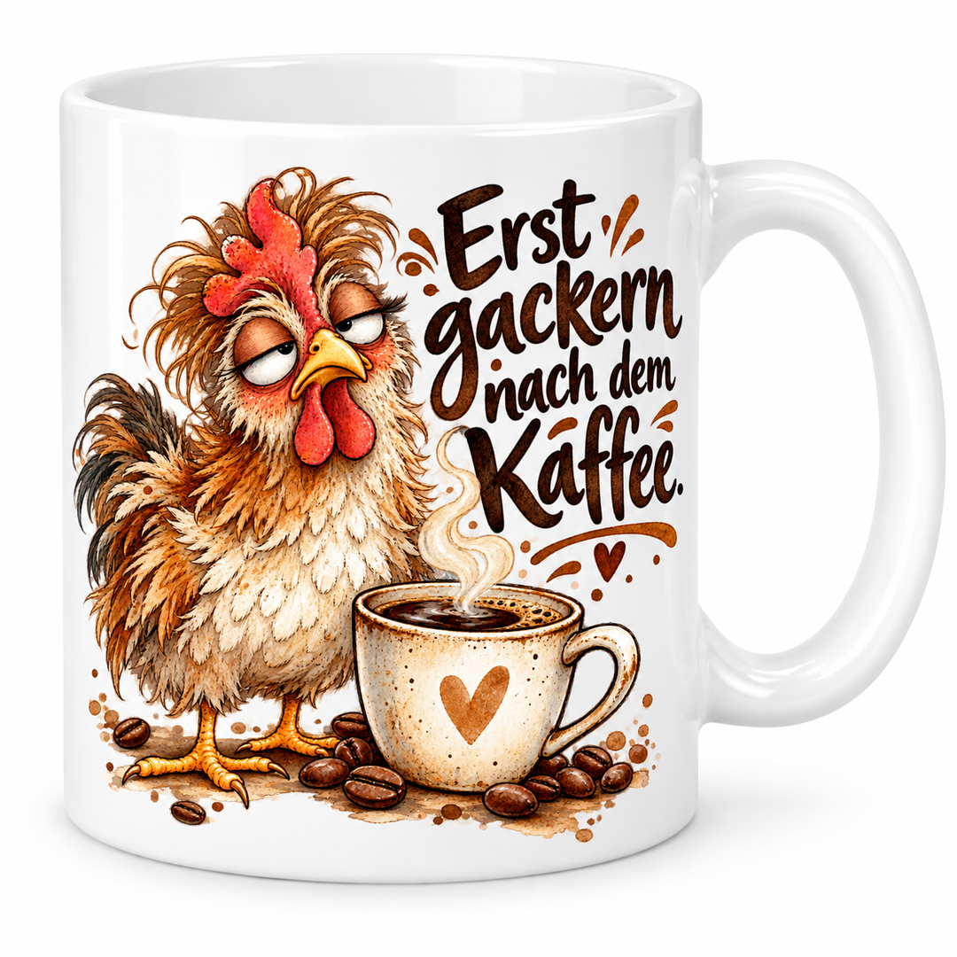 Hühner-Tasse „Erst gackern nach dem Kaffee.“ – 7 Farben – Vorschau in Weiß