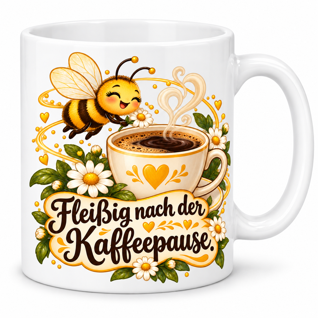 Bienen-Tasse „Fleißig nach der Kaffeepause.“ – 7 Farben – Vorschau in Weiß