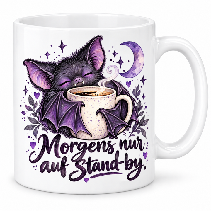 Fledermaus-Tasse „Morgens nur auf Stand-by.“ – 7 Farben – weiße Tasse