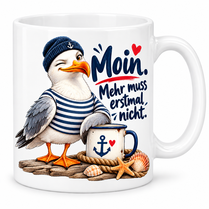 Möwen-Tasse „Moin. Mehr muss erstmal nicht.“ – 7 Farben – weiße Tasse