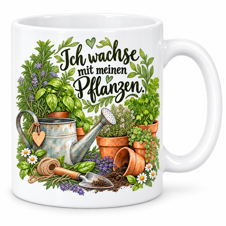 Gartentasse „Ich wachse mit meinen Pflanzen.“ – 7 Farben – weiße Tasse