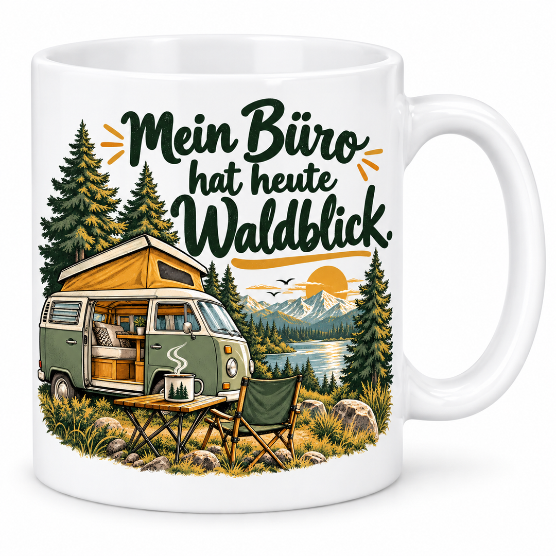 Camping-Tasse „Mein Büro hat heute Waldblick.“ – 7 Farben – weiße Tasse