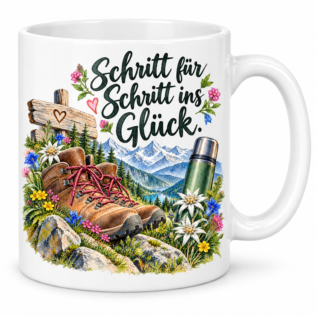Wander-Tasse „Schritt für Schritt ins Glück.“ – 7 Farben – weiße Tasse