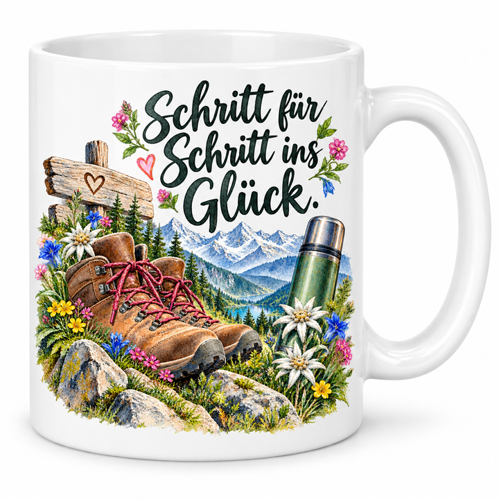 Wander-Tasse „Schritt für Schritt ins Glück.“ – 7 Farben – weiße Tasse