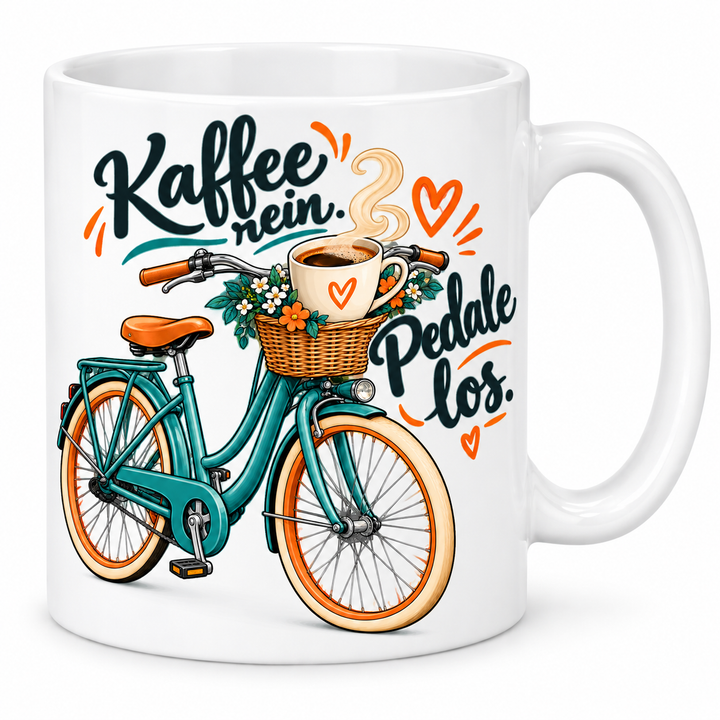 Fahrrad-Tasse „Kaffee rein. Pedale los.“ – 7 Farben – weiße Tasse