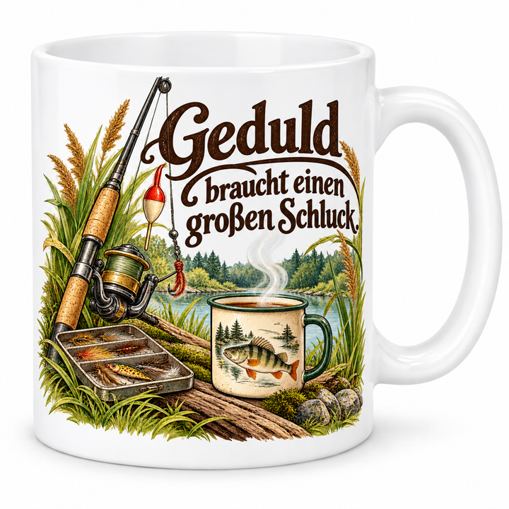 Angler-Tasse „Geduld braucht einen großen Schluck.“ – 7 Farben – weiße Tasse
