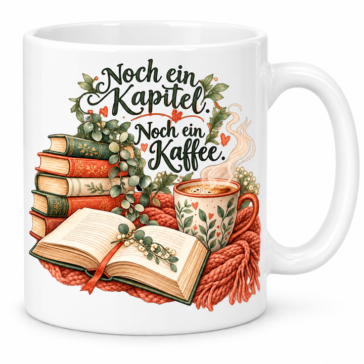 Bücher-Tasse „Noch ein Kapitel. Noch ein Kaffee.“ – 7 Farben – weiße Tasse