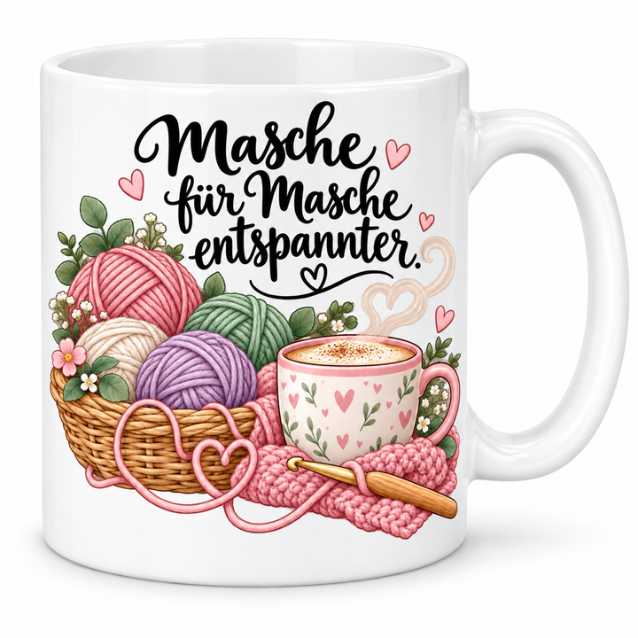 Häkel-Tasse „Masche für Masche entspannter.“ – 7 Farben – weiße Tasse