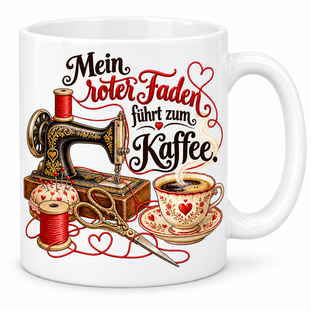 Näh-Tasse „Mein roter Faden führt zum Kaffee.“ – 7 Farben – weiße Tasse
