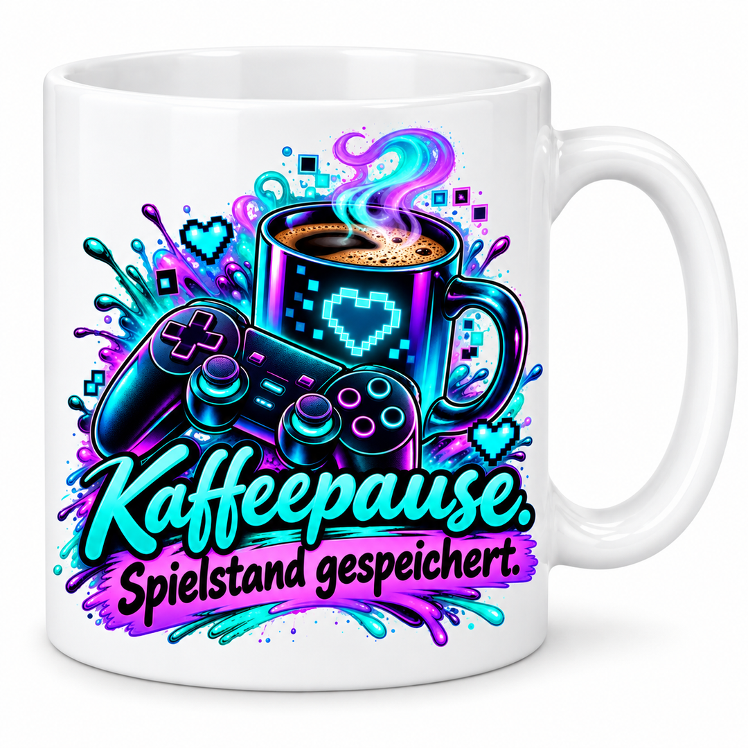 Gaming-Tasse „Kaffeepause. Spielstand gespeichert.“ – 7 Farben – weiße Tasse