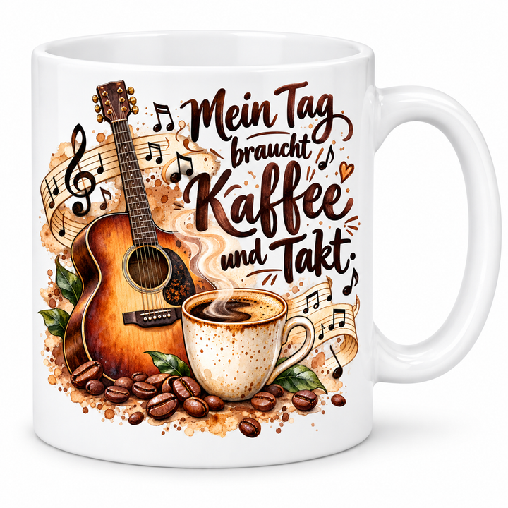 Musik-Tasse „Mein Tag braucht Kaffee und Takt.“ – 7 Farben – weiße Tasse