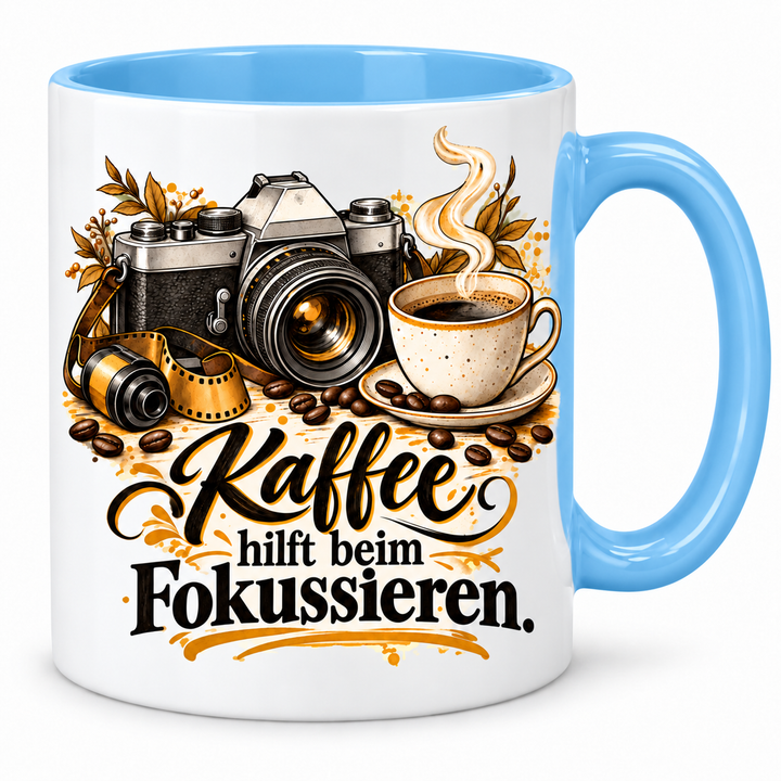 Fotografie-Tasse „Kaffee hilft beim Fokussieren.“ – Hellblau