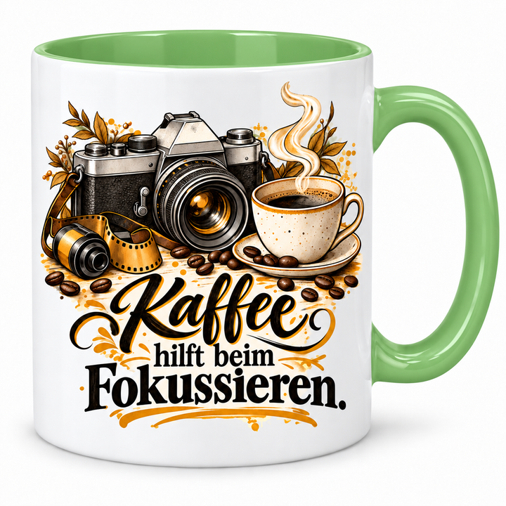 Fotografie-Tasse „Kaffee hilft beim Fokussieren.“ – Hellgrün