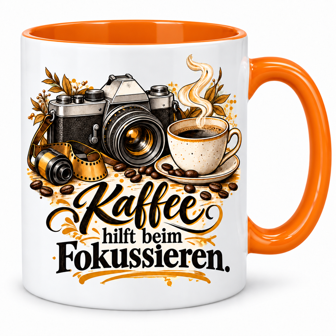 Fotografie-Tasse „Kaffee hilft beim Fokussieren.“ – Orange