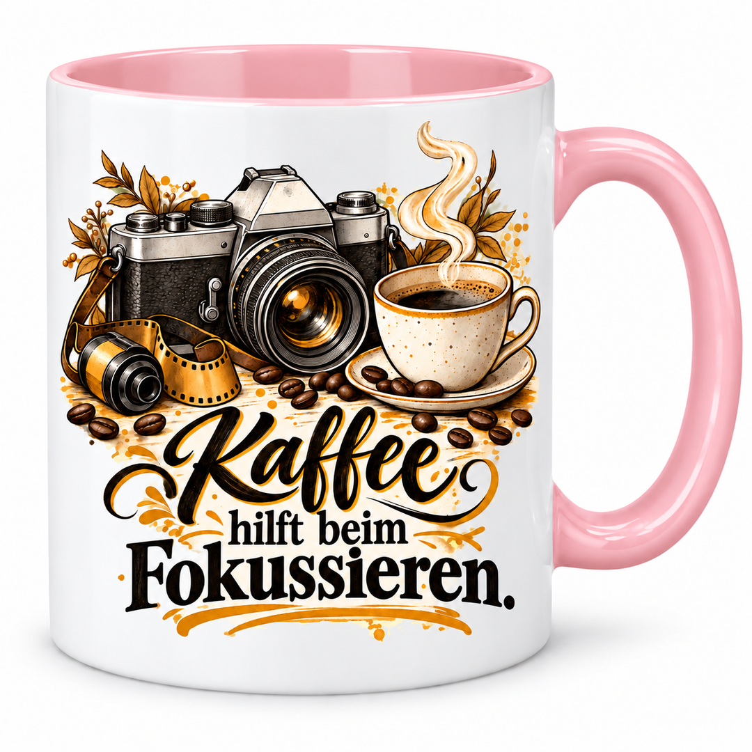 Fotografie-Tasse „Kaffee hilft beim Fokussieren.“ – Rosa