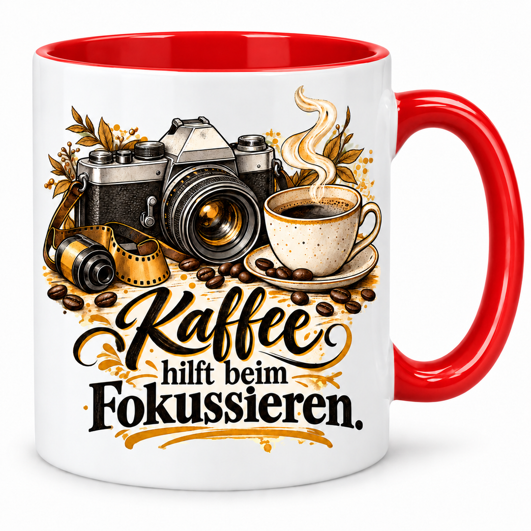 Fotografie-Tasse „Kaffee hilft beim Fokussieren.“ – Rot