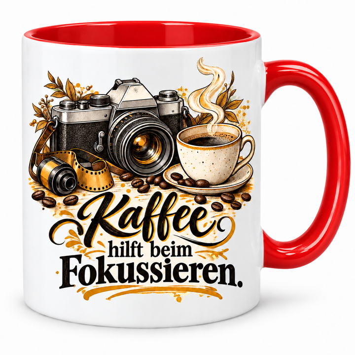 Fotografie-Tasse „Kaffee hilft beim Fokussieren.“ – Rot
