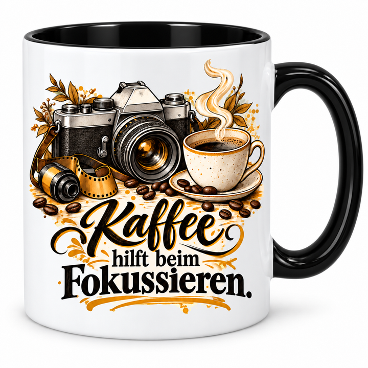 Fotografie-Tasse „Kaffee hilft beim Fokussieren.“ – Schwarz