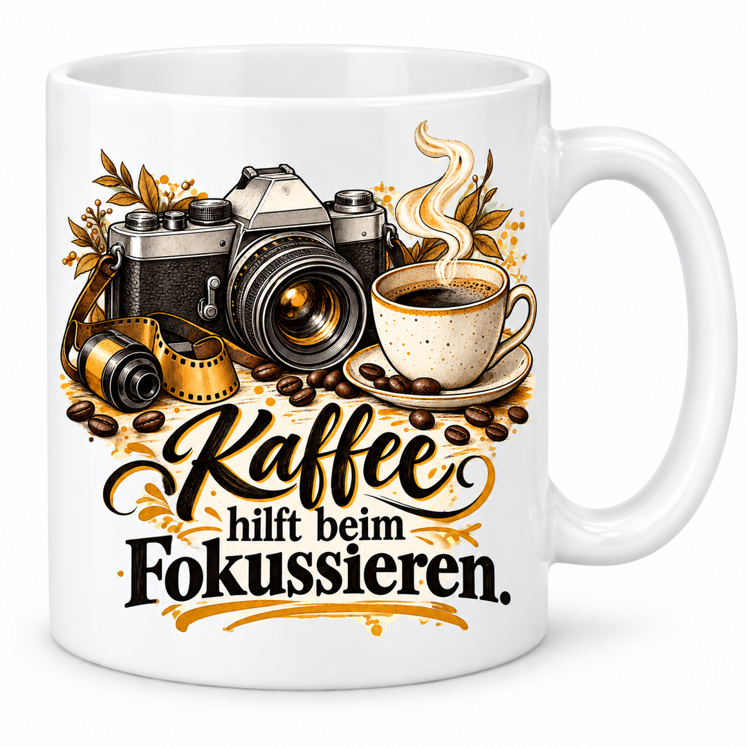 Fotografie-Tasse „Kaffee hilft beim Fokussieren.“ – 7 Farben – weiße Tasse