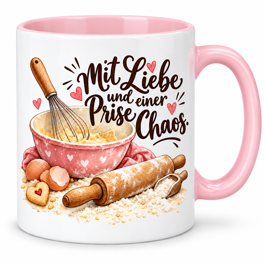 Backtasse „Mit Liebe und einer Prise Chaos.“ – rosa, weiße Außenseite
