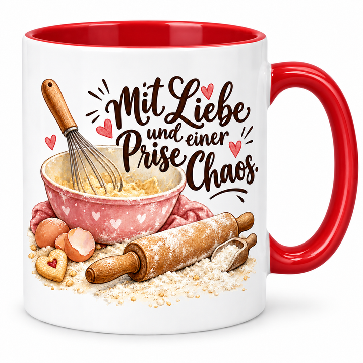 Backtasse „Mit Liebe und einer Prise Chaos.“ – rot, weiße Außenseite