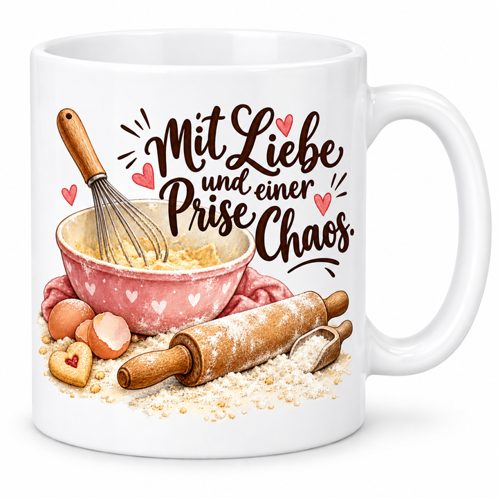 Backtasse „Mit Liebe und einer Prise Chaos.“ – 7 Farben – weiße Tasse