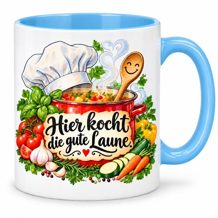 Kochtasse „Hier kocht die gute Laune.“ – Hellblau, weiße Außenseite