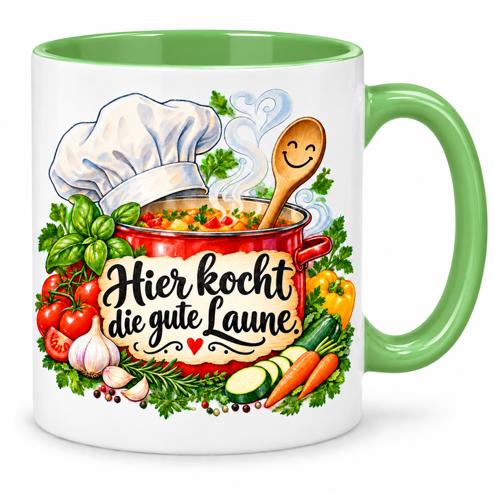 Kochtasse „Hier kocht die gute Laune.“ – Hellgrün, weiße Außenseite