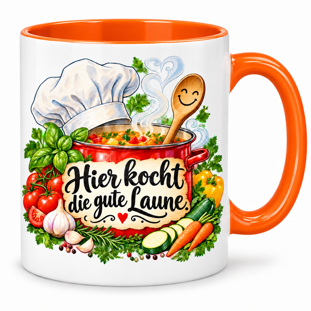Kochtasse „Hier kocht die gute Laune.“ – Orange, weiße Außenseite