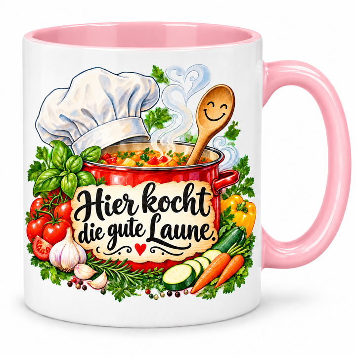 Kochtasse „Hier kocht die gute Laune.“ – Rosa, weiße Außenseite