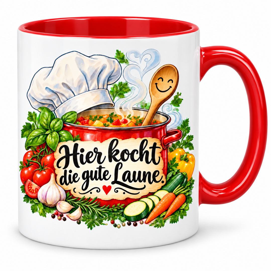 Kochtasse „Hier kocht die gute Laune.“ – Rot, weiße Außenseite