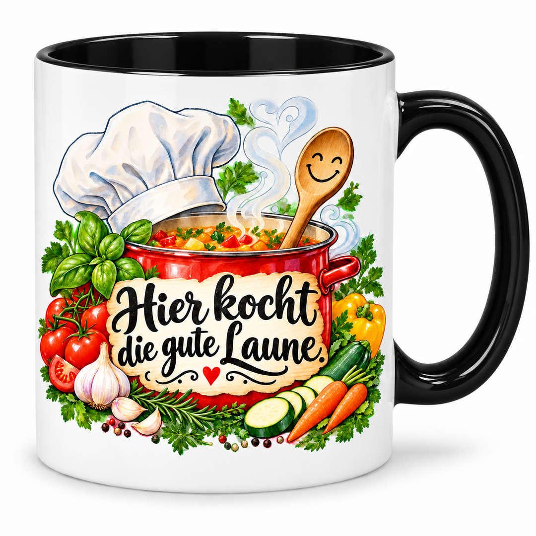 Kochtasse „Hier kocht die gute Laune.“ – Schwarz, weiße Außenseite