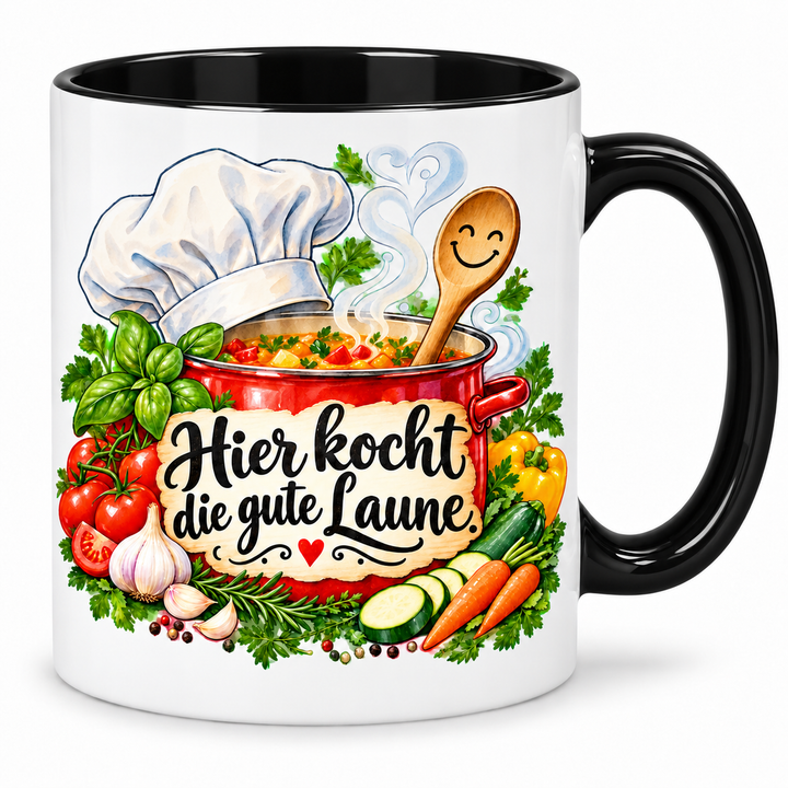 Kochtasse „Hier kocht die gute Laune.“ – Schwarz, weiße Außenseite